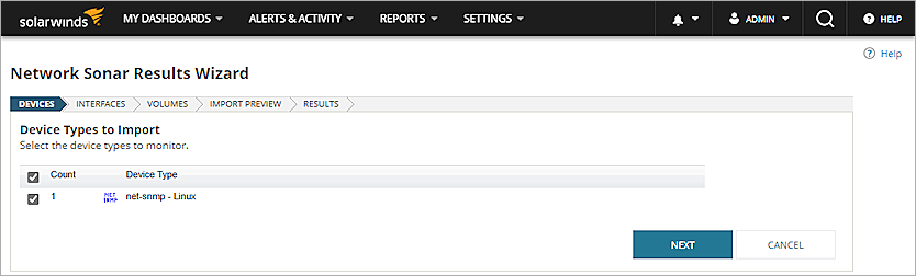 Screen shot of the network discovery results in SolarWinds